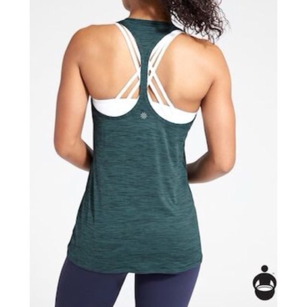 Athleta High Neck Racerback Shadow Stripe Chi Tank (EUC), Size M, Dark Green